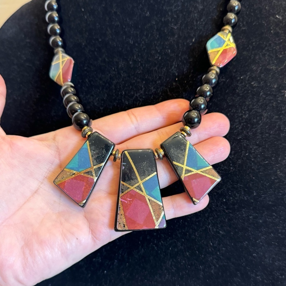 Vintage Large Beaded Necklace Black w/Multi Color Abstract Print 80s 70s MCM